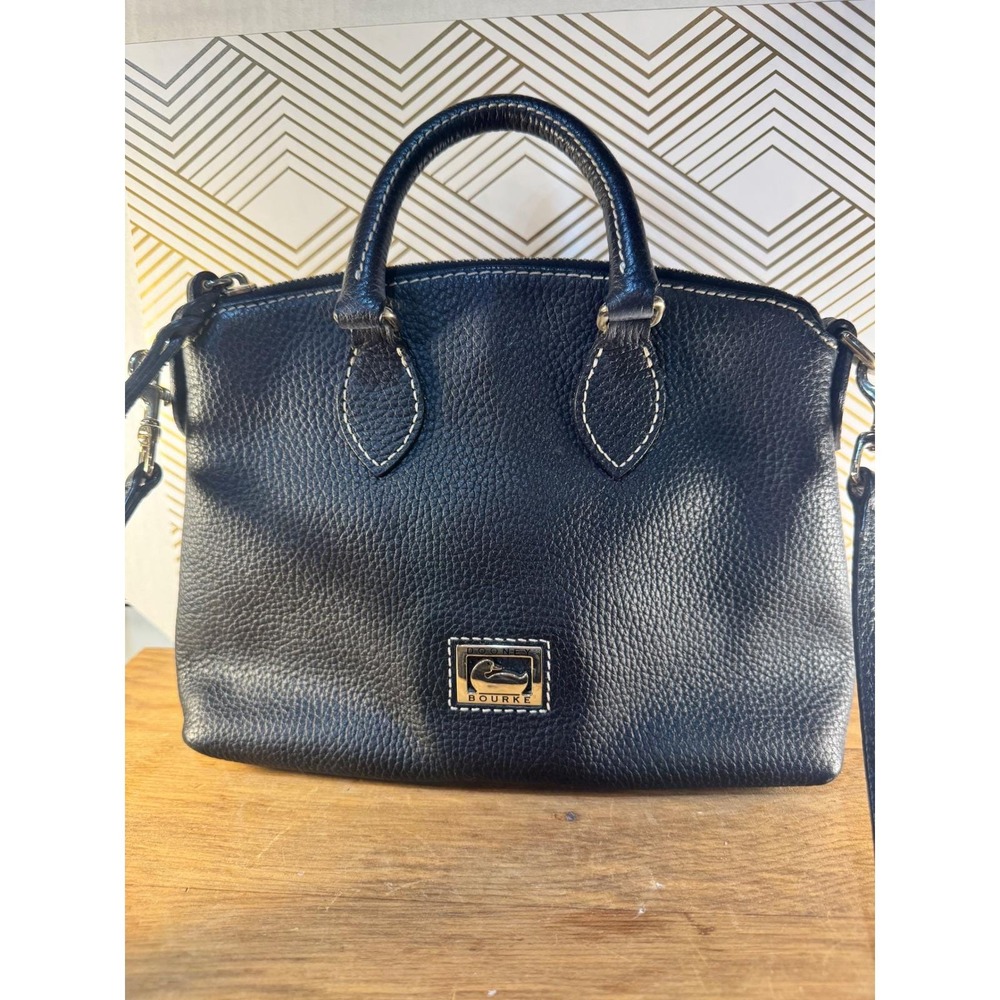 Dooney & Bourke Black Pebbled Leather Zip Satchel Crossbody Bag Gold Duck Logo